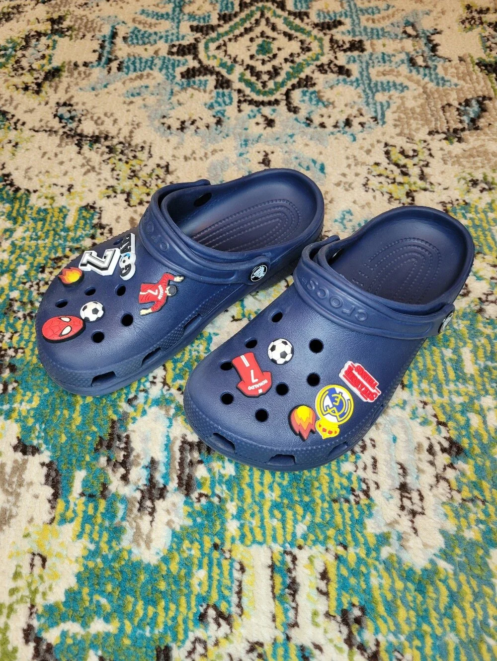 Crocs Navy Blue With Multiple Jibbitz Charms, Size Youth 3